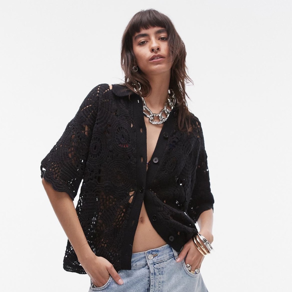 TOPSHOP Crochet Short Sleeve Button Up Shirt